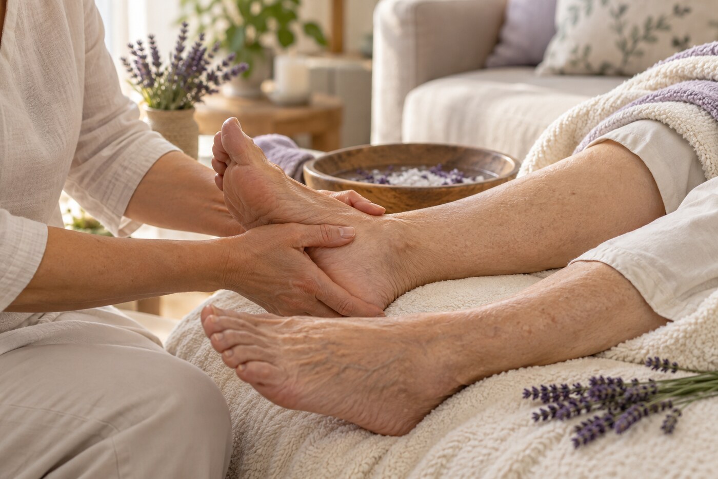 Massage relaxant des pieds et des jambes à domicile